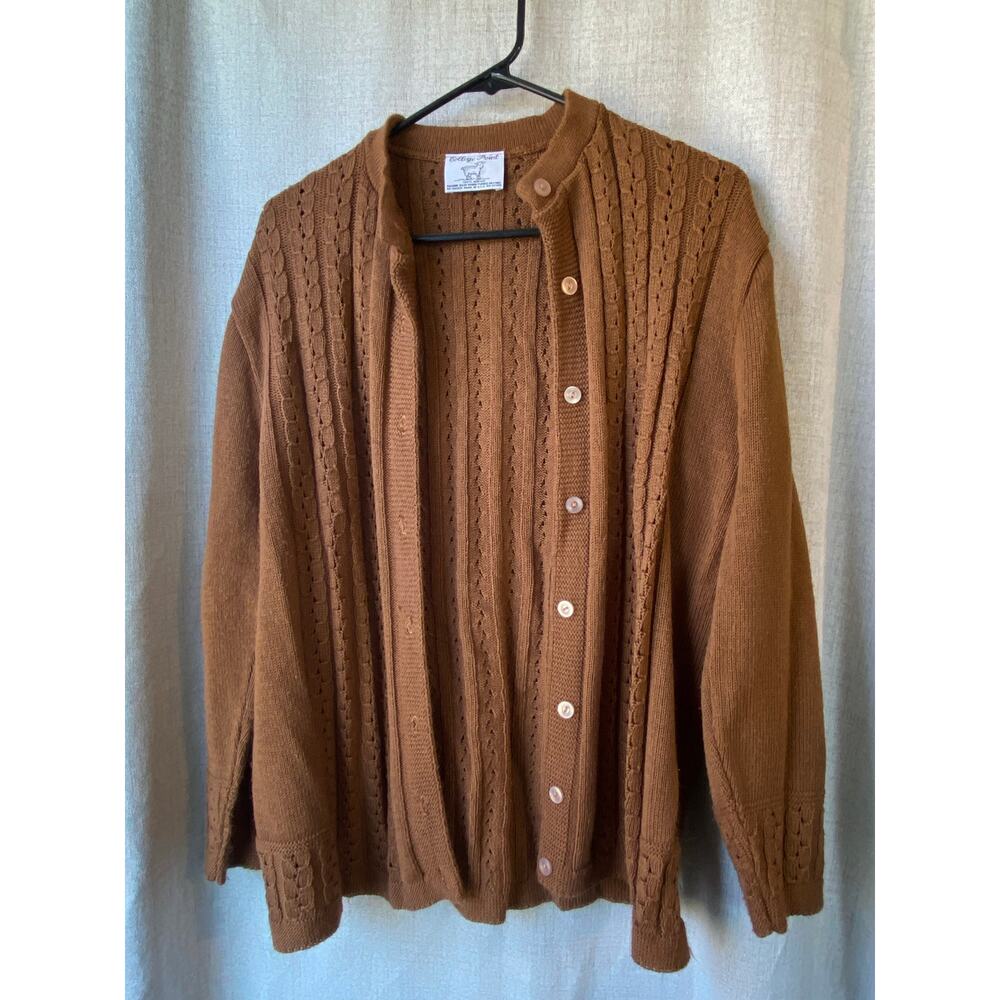 Vintage College Point Brown Cable Knit Cardigan Sweater - Cozy, Rustic Style